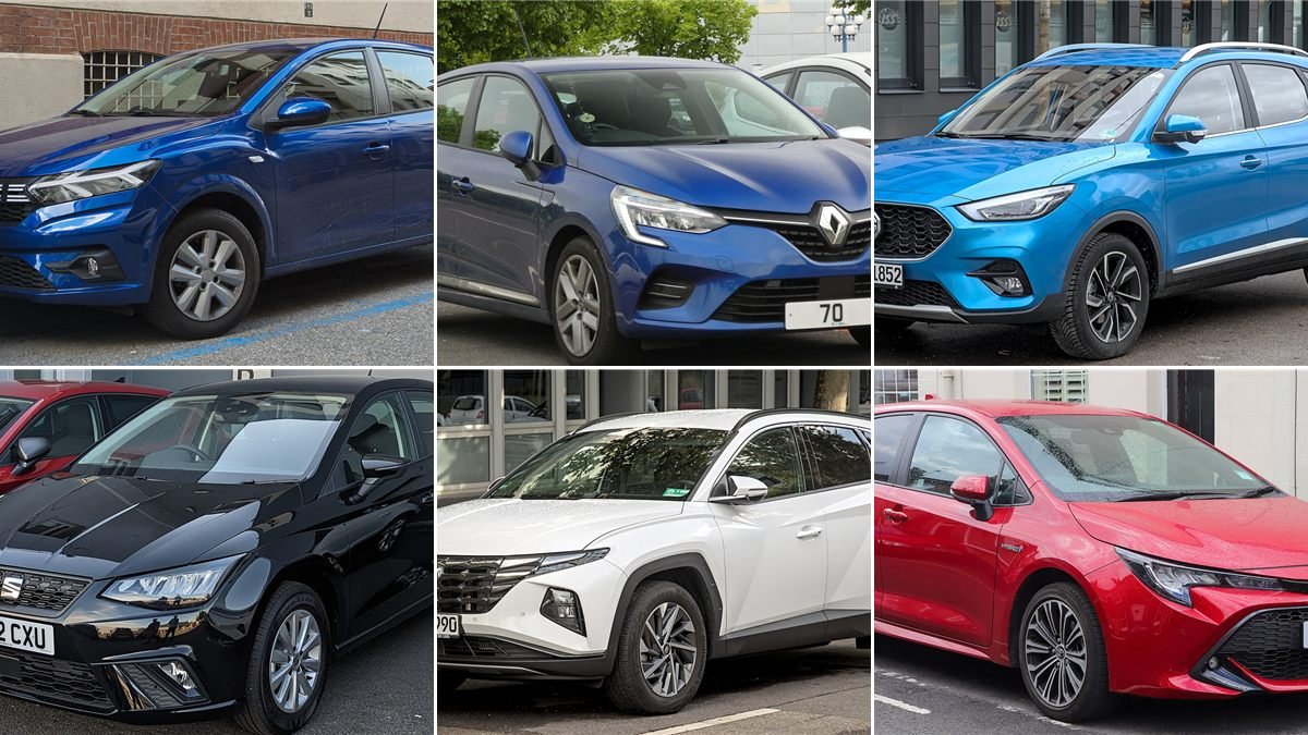 Mosaico con el Dacia Sandero, Renault Clio, MG ZS, Seat Ibiza, Hyundai Tucson y Toyota Corolla